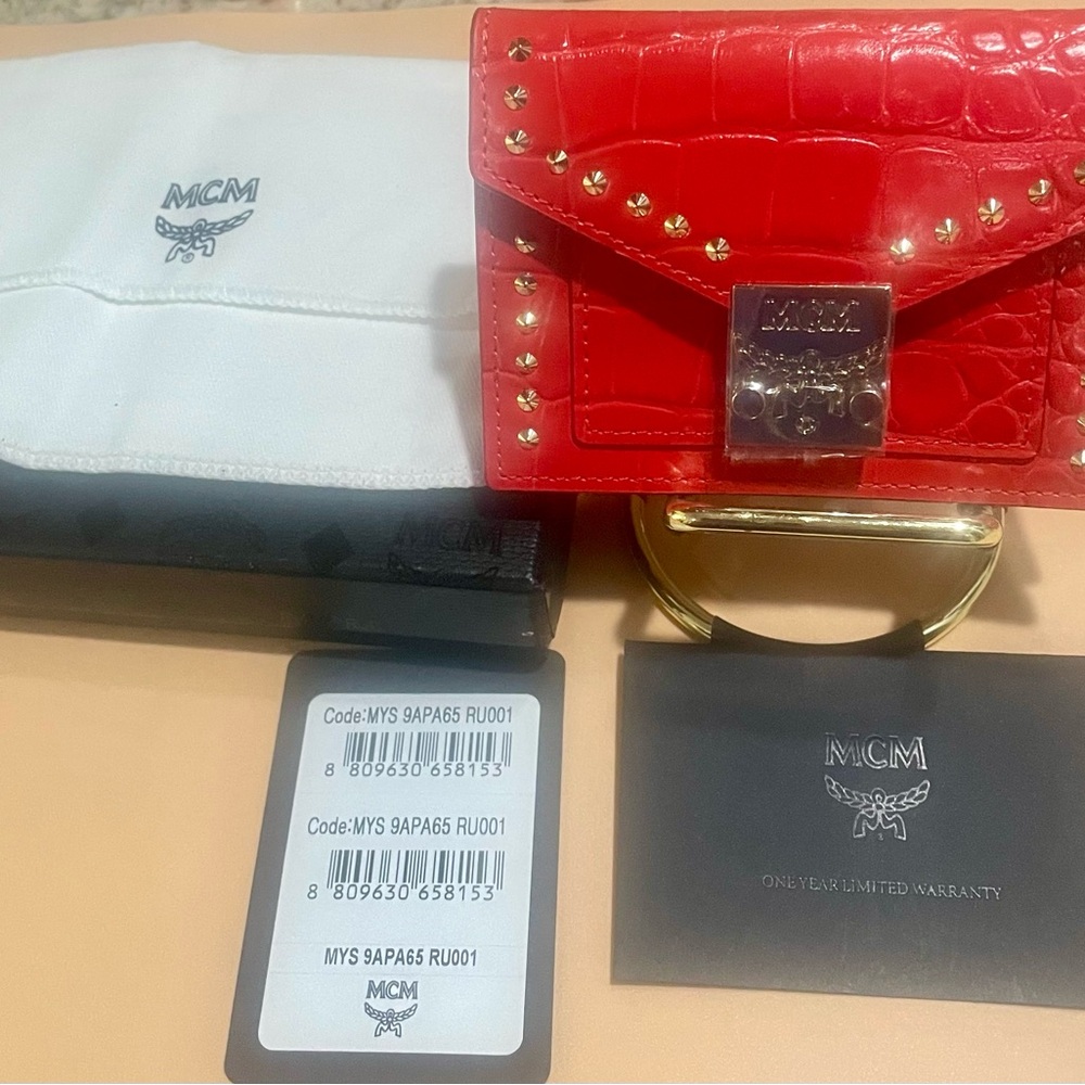 MCM Red Crocodile-Embossed Leather Mini Card Case